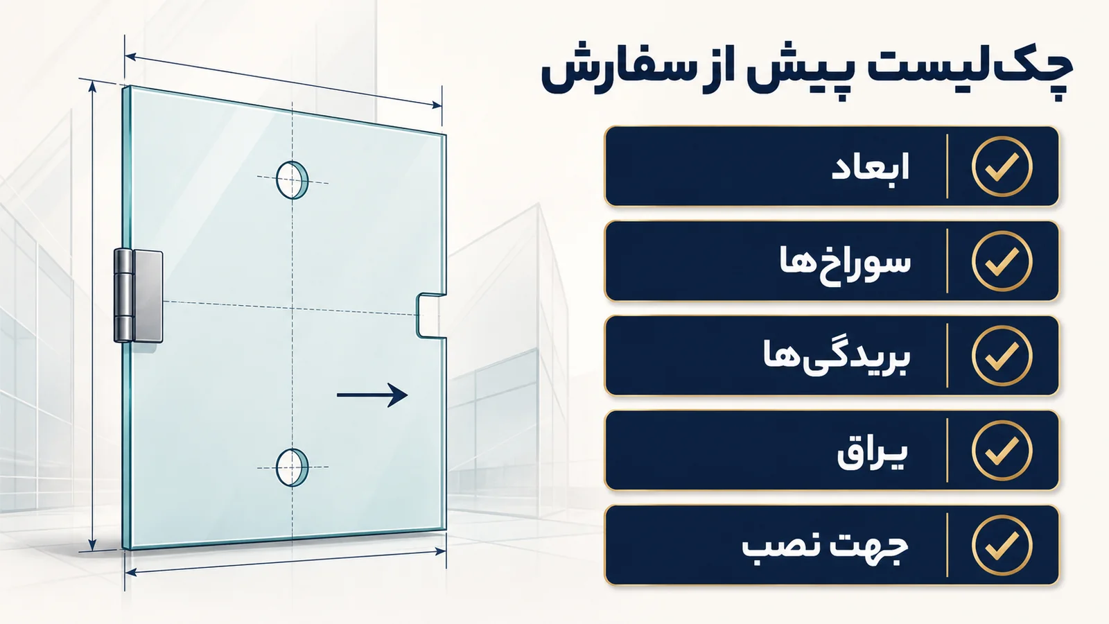 اینفوگرافیک فارسی چکلیست ابعاد، سوراخها، بریدگیها، یراق و جهت نصب