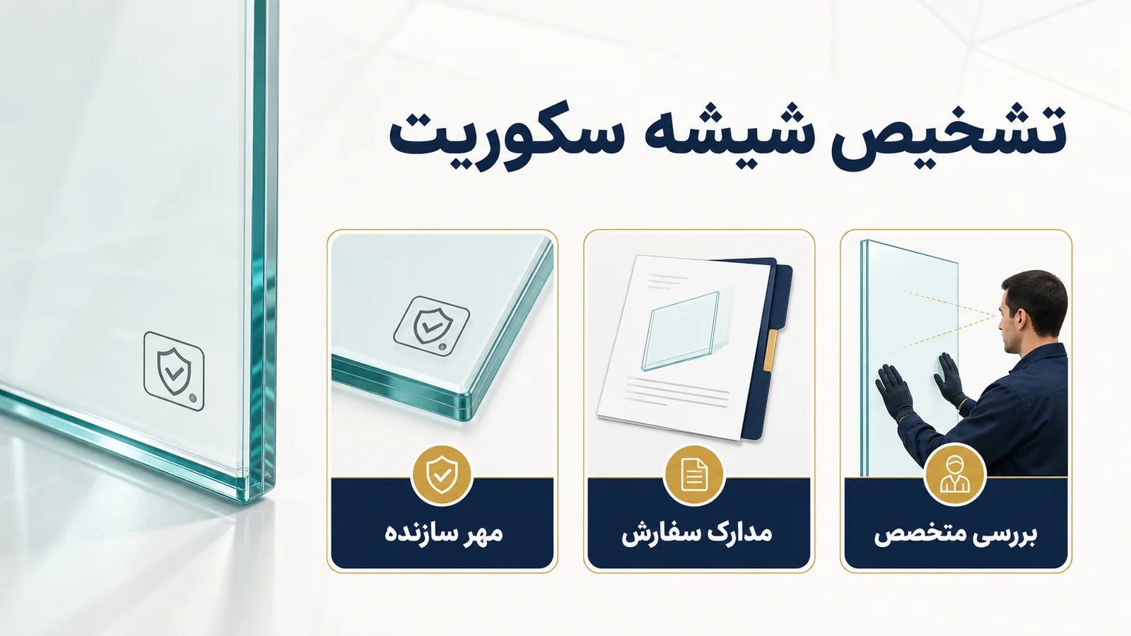 اینفوگرافیک فارسی تشخیص شیشه سکوریت با مهر سازنده، مدارک و بررسی متخصص