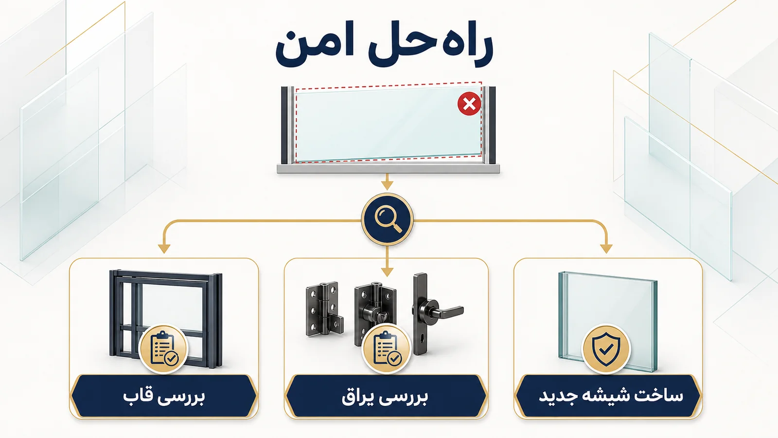 اینفوگرافیک فارسی بررسی قاب، یراق و ساخت شیشه جدید برای پنل نامنطبق